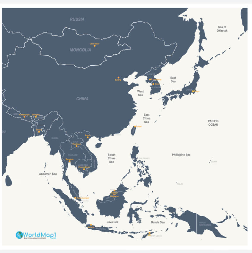 South East Asia Capitals and Taiwan Taipei Map